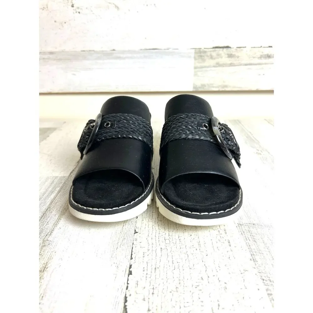 Pierre Dumas Womens 7 Black Leather Suede Buckle Platform Wedge Slip On Sandals